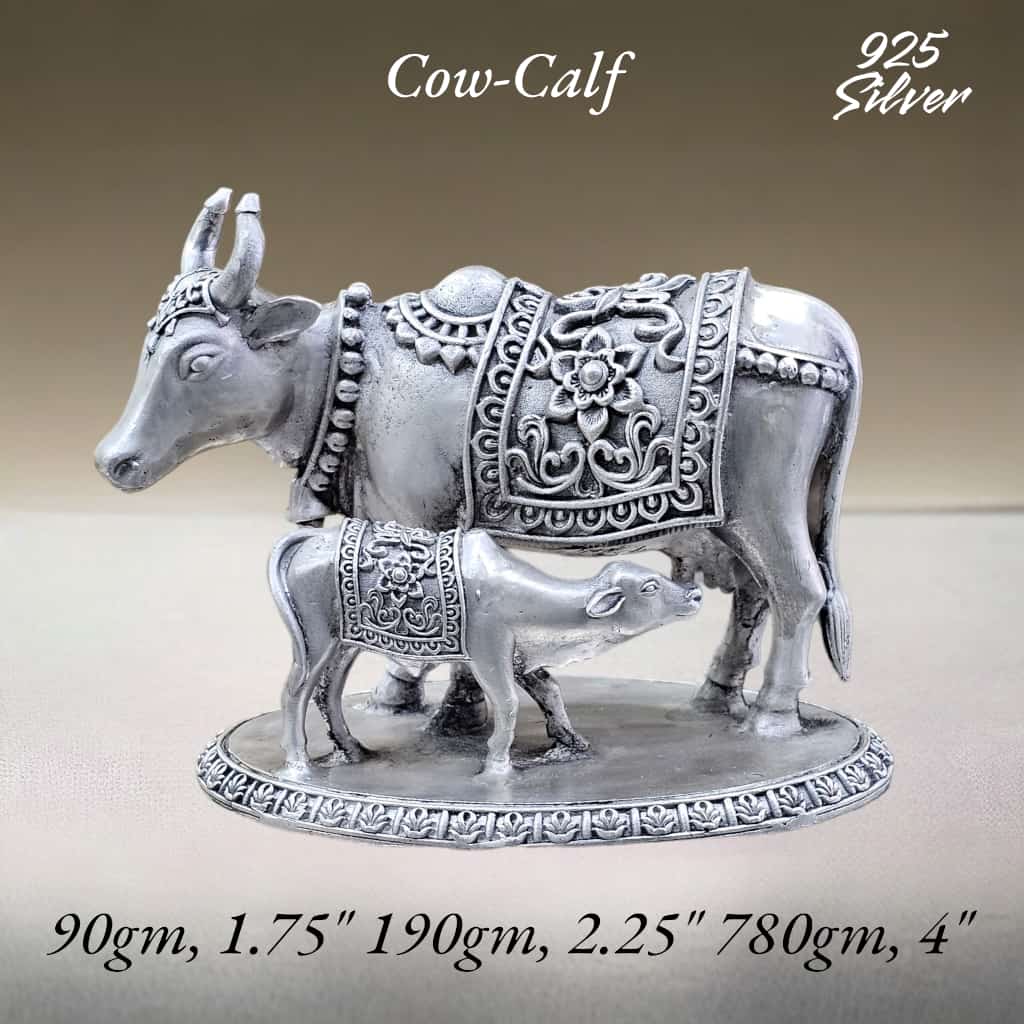 Cow With Calf In Pure 925 Silver Kamdhenu Cow Statue For Vastu