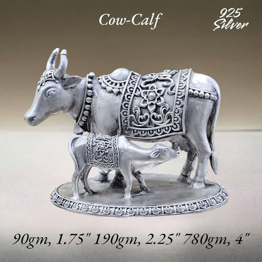 Cow With Calf In Pure 925 Silver Kamdhenu Cow Statue For Vastu
