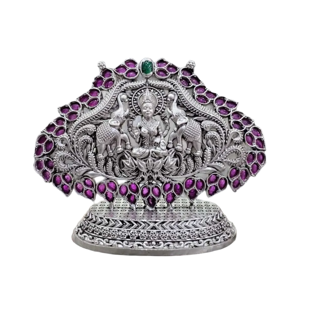 925 silver Gaja Laxmi idol with intricate floral and elephant design adorned with purple and green stones