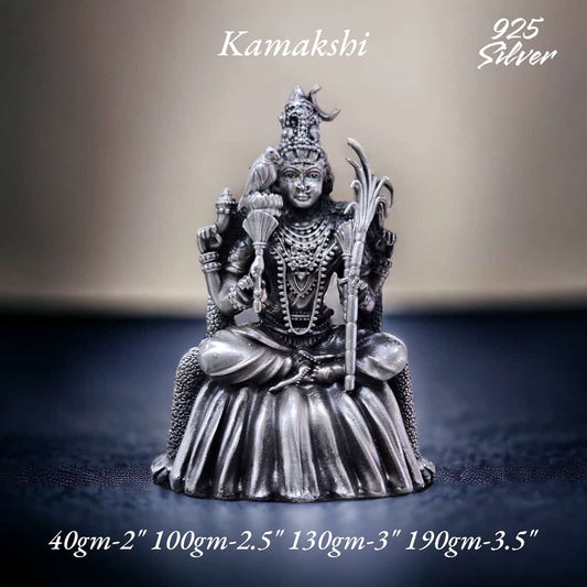 925 silver kamakshi idol detailed in sitting posture with intricate jewelry and ornaments