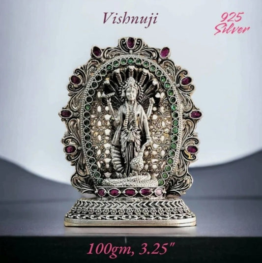 925 silver Lord Vishnu idol with detailed gemstone embellishments and intricate design from RudraShiv Blessing