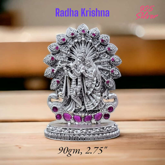 925 silver Radha Krishna idol with intricate design and pink gemstone accents, 90gm weight and 2.75 inch height