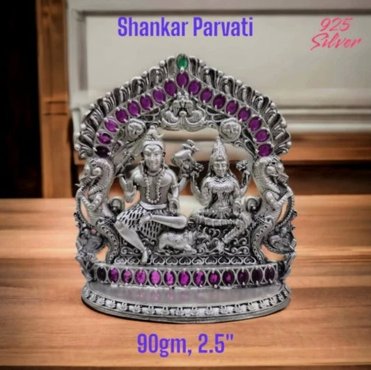 925 silver Shiv Parvati idol with intricate design and purple gemstone accents weighing 90gm and 2.5 inches tall