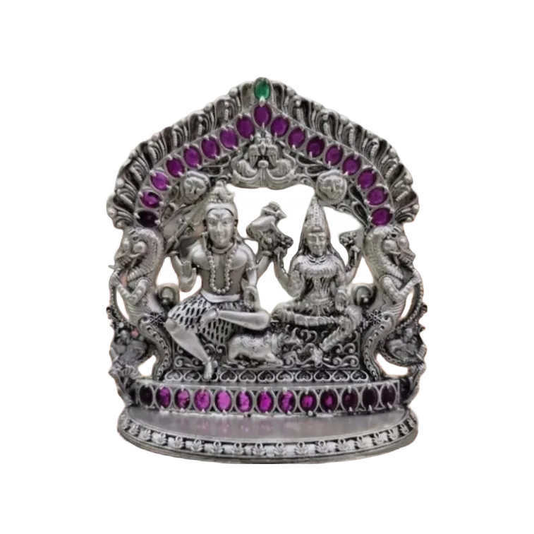925 silver Shiv Parvati idol with intricate detailing and purple gemstone accents by RudraShiv Blessing