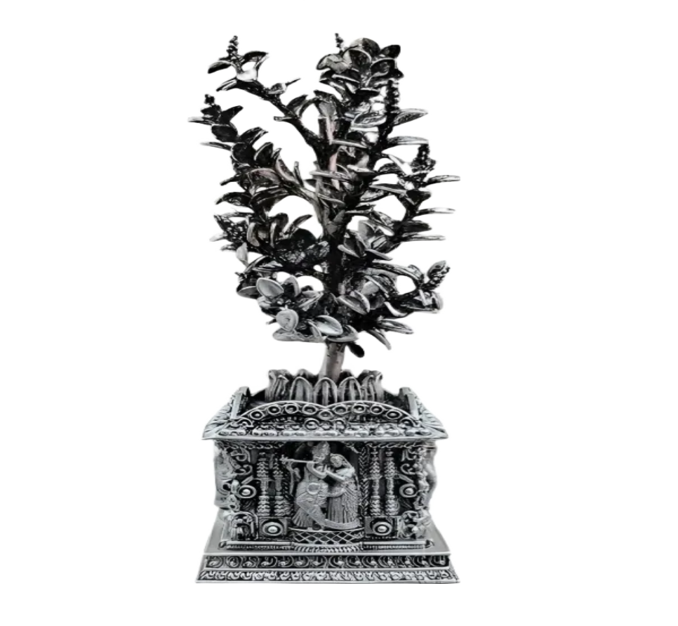 925 silver tulsi plant idol with intricate detailed base and ornate leaves by RudraShiv Blessing