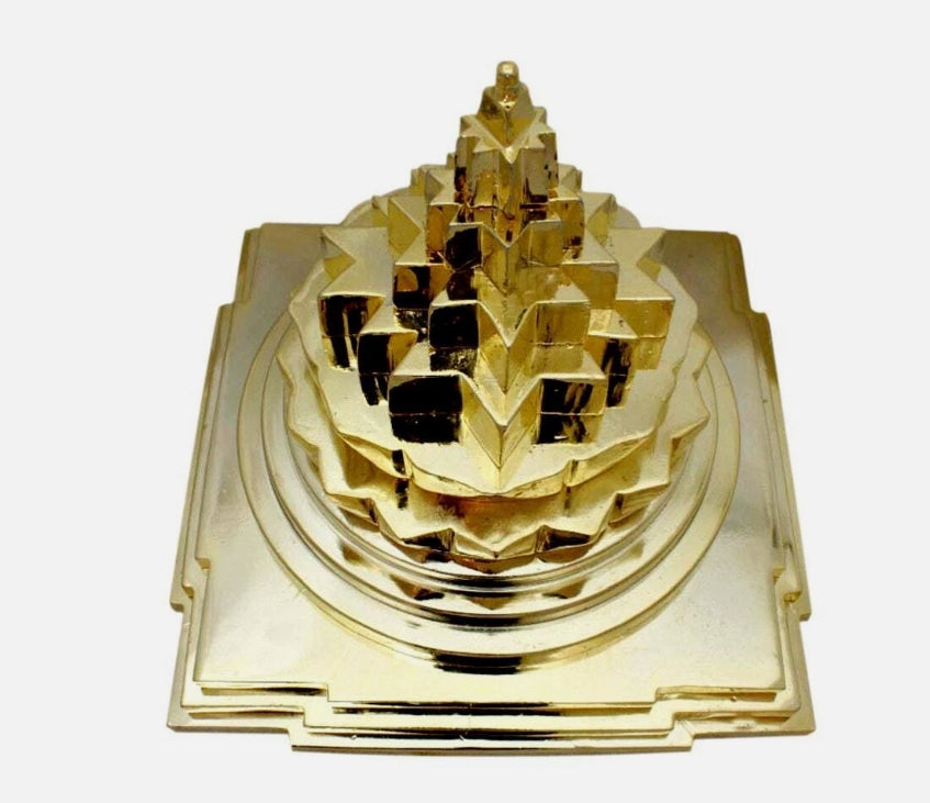 Meru Shree Yantra Pyramid In Alloy Metal Solid 6 Inches Energized Gold Plated