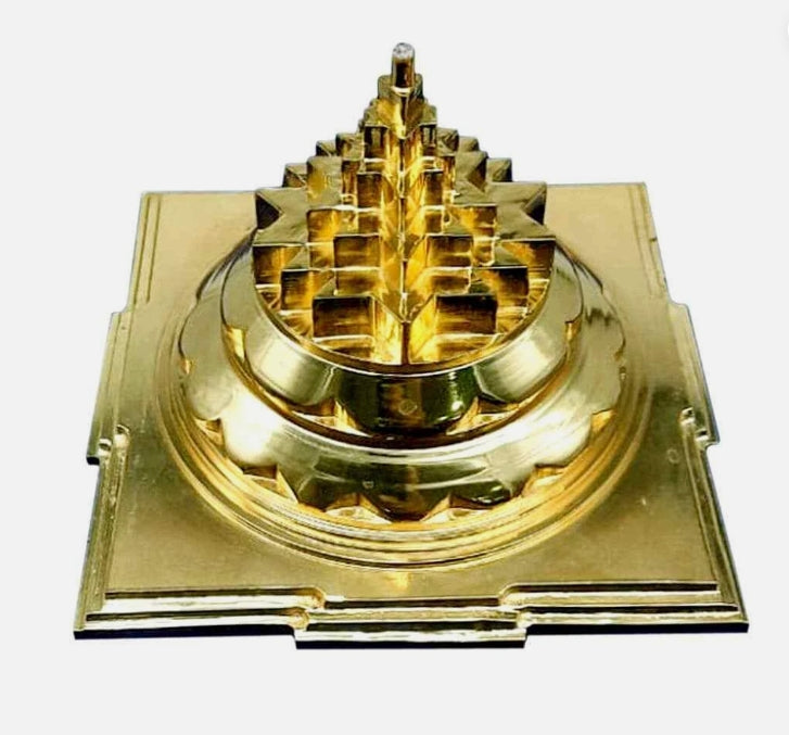 Meru Shree Yantra Pyramid In Alloy Metal 6 Inches Hollow Energized Gold Plated