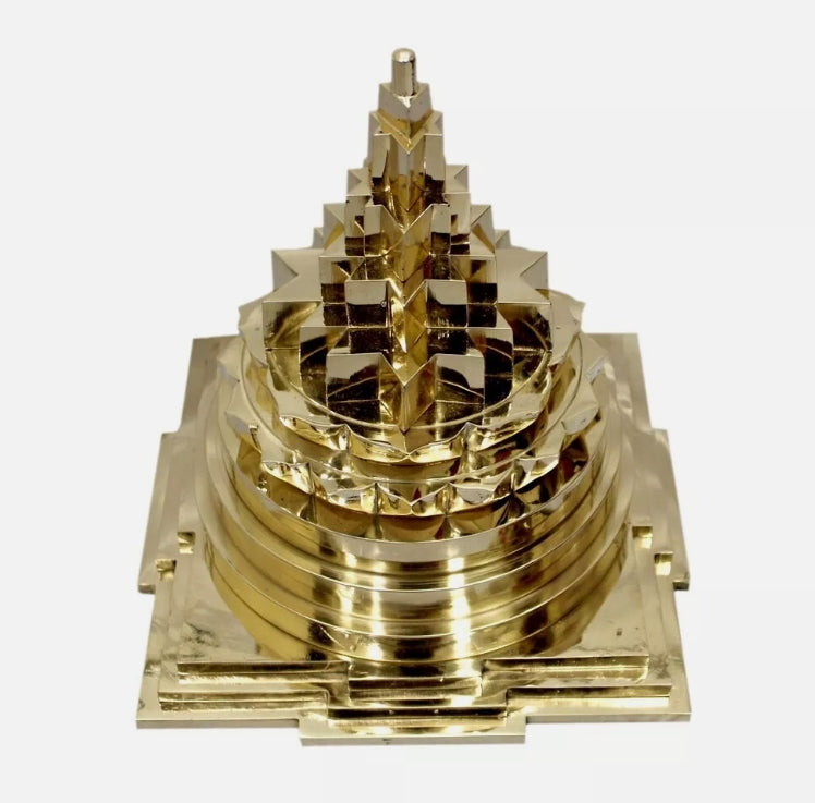 MahaMeru Shree Yantra Pyramid In Alloy Metal 12 Inches Energized 24K Gold Plated