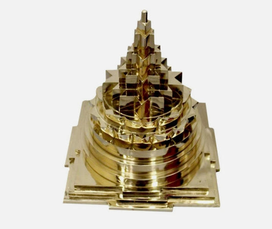 Meru Shree Yantra Pyramid In Alloy Metal Solid 7 Inches Energized Gold Plated