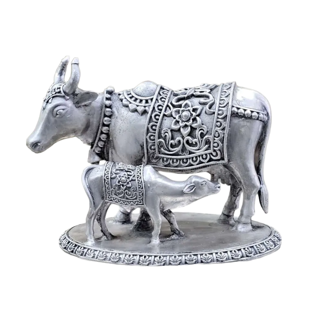 Cow With Calf In Pure 925 Silver Kamdhenu Cow Statue For Vastu