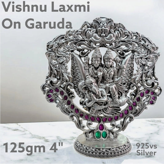 Lakshmi Vishnu Garuda statue pure silver 125gm ornate Hindu deity sculpture with colored gemstones
