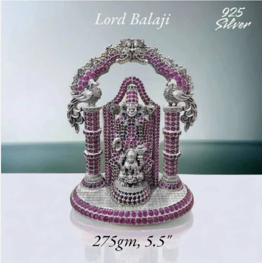 Lord Balaji silver statue adorned with purple gemstones weighing 275 grams and measuring 5.5 inches