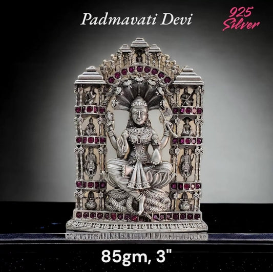 925 silver Padmavati idol with intricate design and red gemstone accents weighing 85gm and 3 inches tall