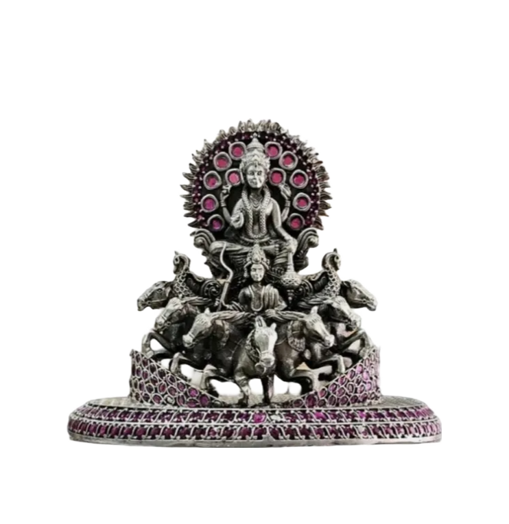 RudraShiv Blessing silver Hindu deity statue with intricate pink gemstone detailing and multiple horses