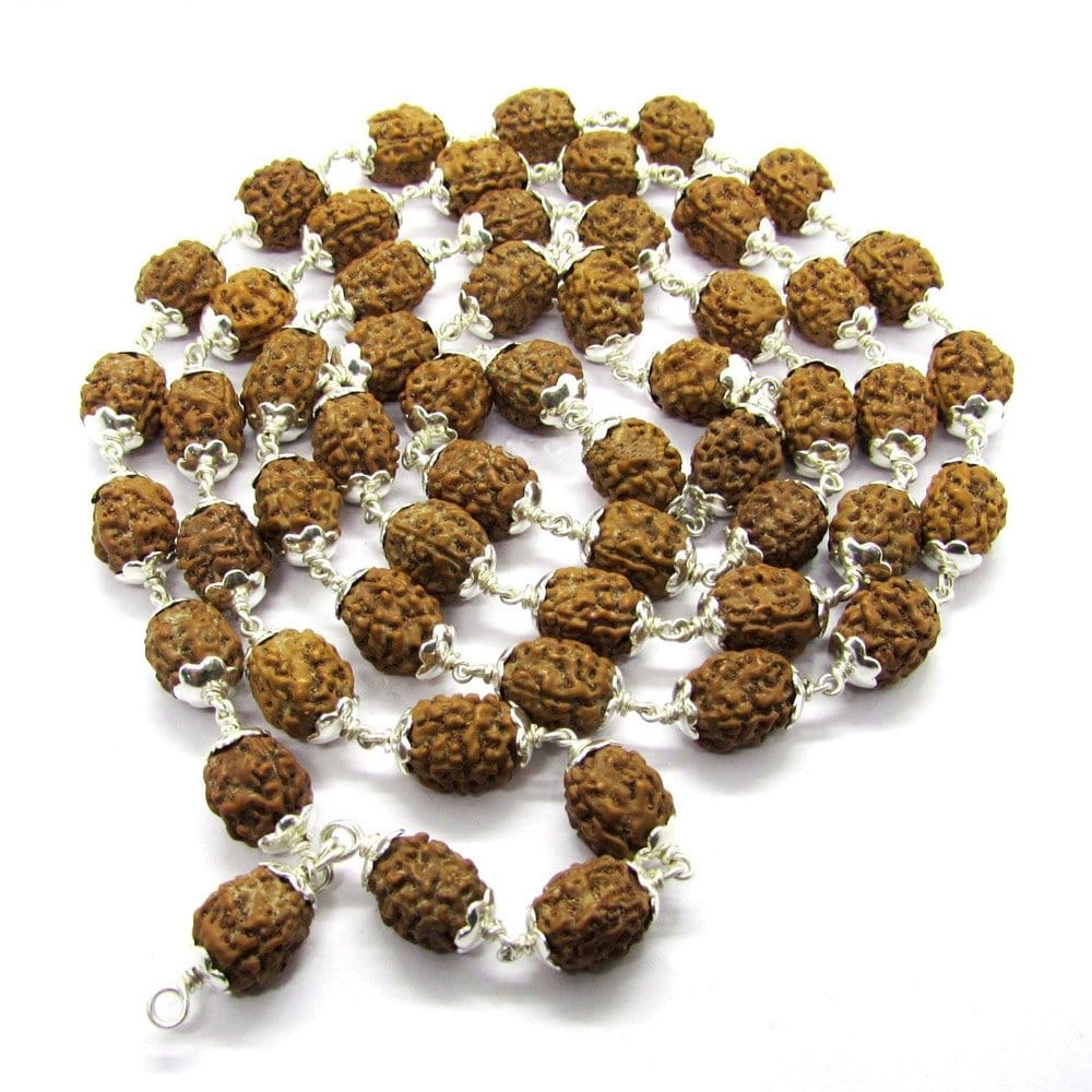 3 Mukhi Indonesian Rudraksha Mala 54 Beads In Silver