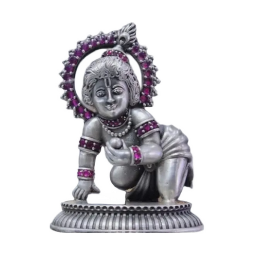 925 silver Laddu Gopal idol with intricate detailing and pink gemstone accents from RudraShiv Blessing
