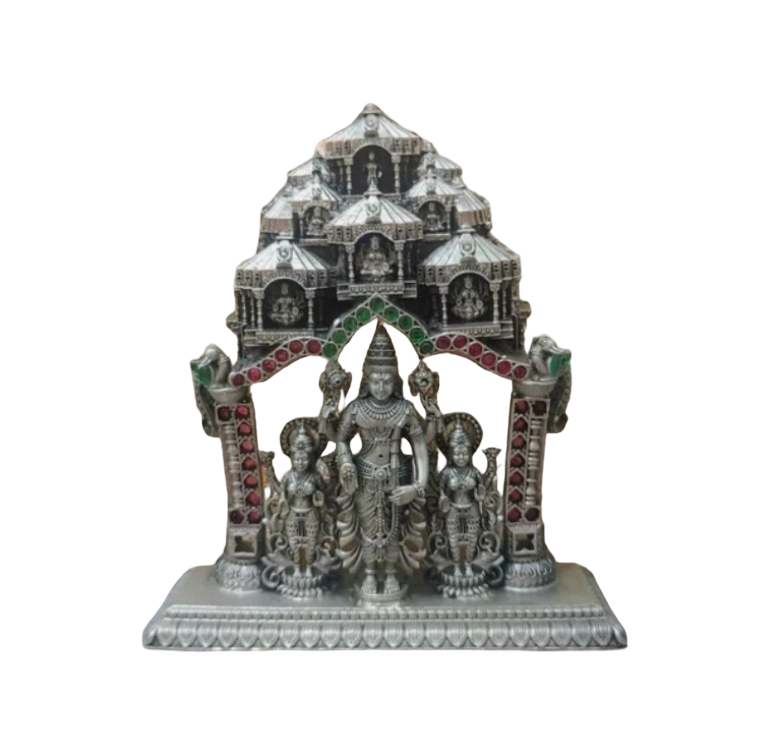 925 silver Lord Balaji idol with intricate temple design and decorative colored stones
