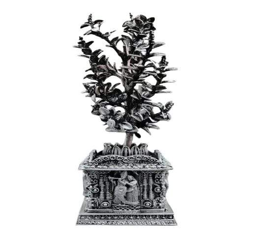 925 silver tulsi plant idol with intricate detailed base and ornate leaves by RudraShiv Blessing