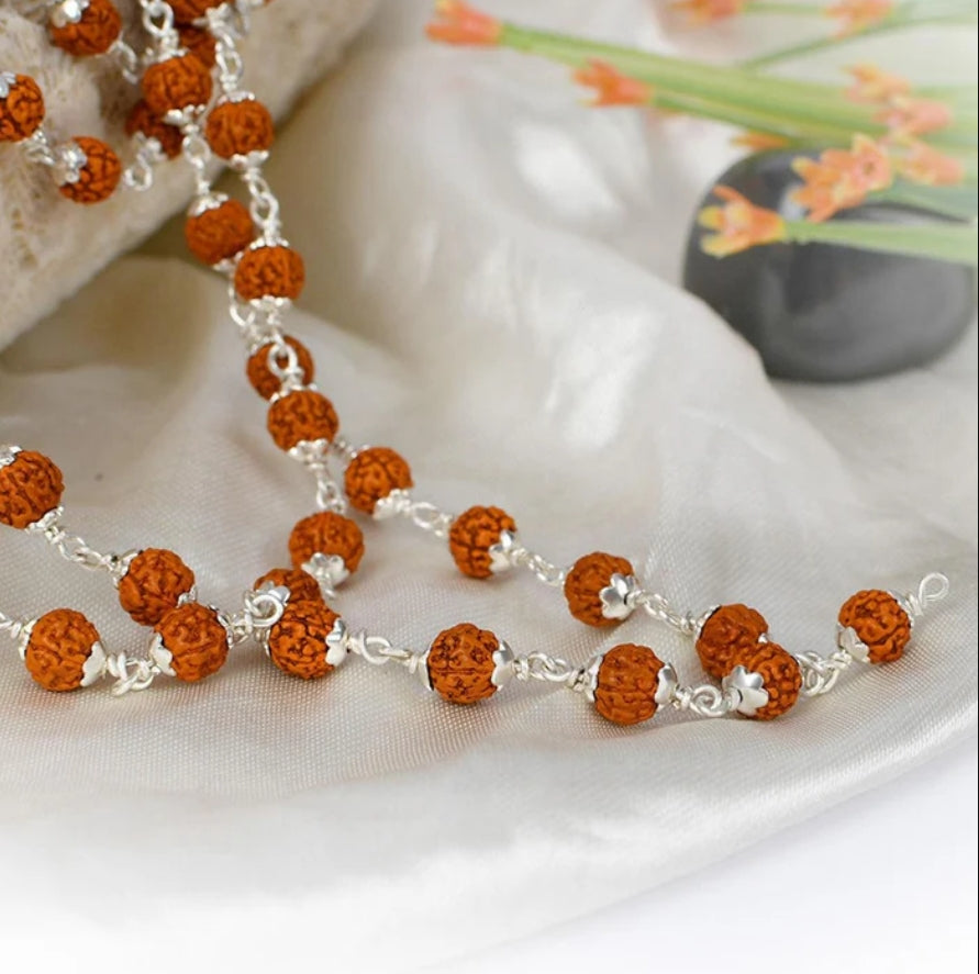 5 Mukhi Indonesian Rudraksha Mala 54 Beads In Silver