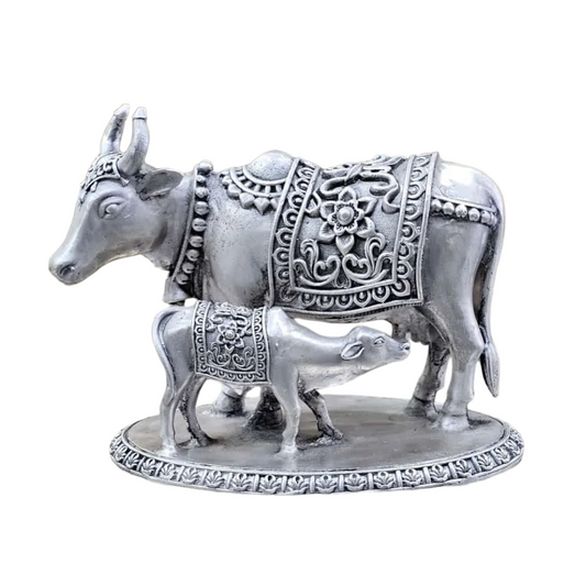 Cow With Calf In Pure 925 Silver Kamdhenu Cow Statue For Vastu