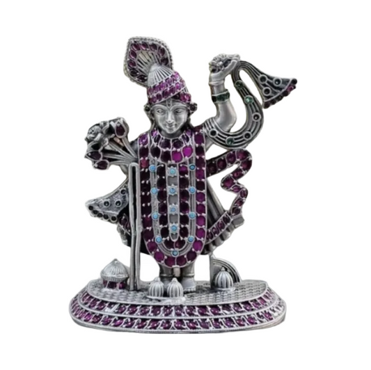 Buy silver Srinathji statue online adorned with purple and blue stones from RudraShiv Blessing
