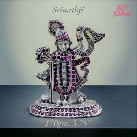 925 silver Srinathji statue adorned with purple and blue stones weighing 170gm available to buy silver Srinathji statue online