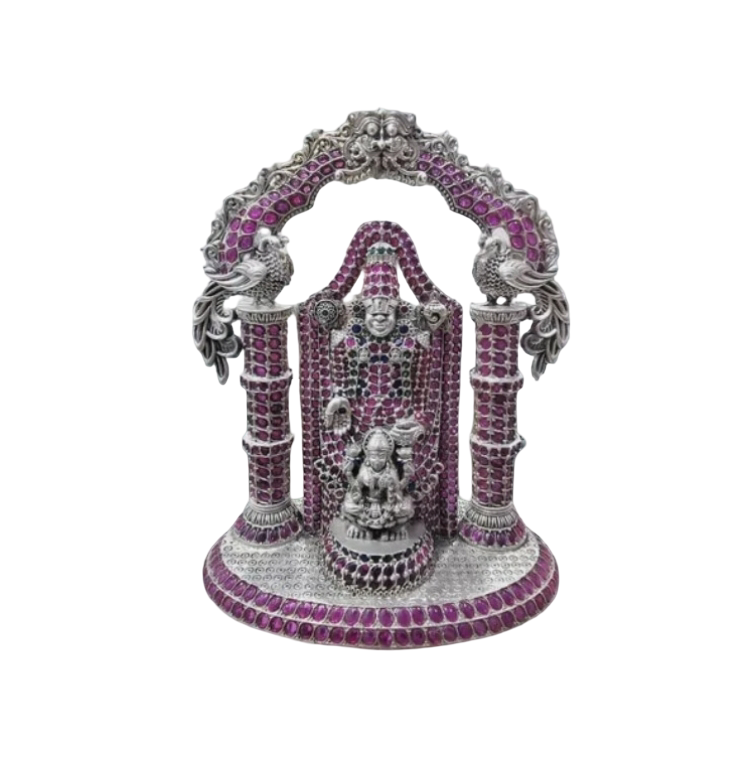 Lord Balaji silver statue embellished with purple stones and detailed ornamental arch by RudraShiv Blessing
