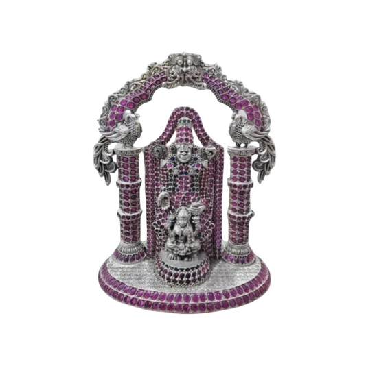Lord Balaji silver statue embellished with purple stones and detailed ornamental arch by RudraShiv Blessing