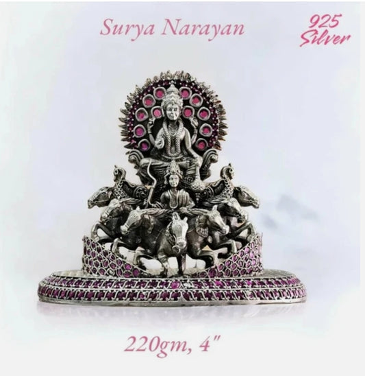 Surya Narayan statue in 925 silver with detailed horses and pink stone embellishments, 220gm 4 inches