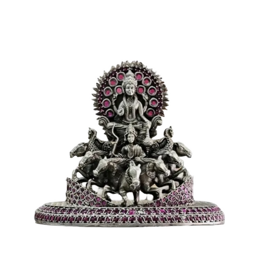 RudraShiv Blessing silver Hindu deity statue with intricate pink gemstone detailing and multiple horses